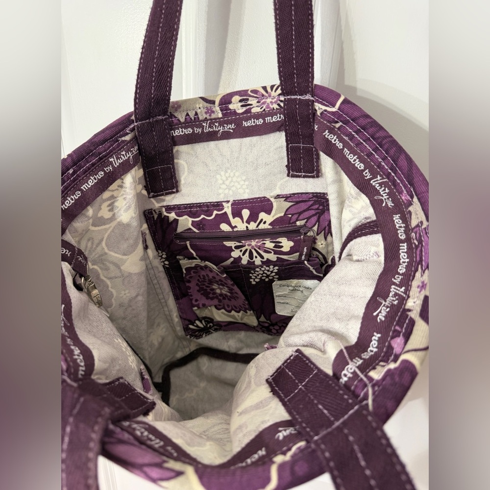 Thirty-One Retro Metro Small Tote Purple Floral Everyday Bag Organizer Travel - Picture 5 of 12